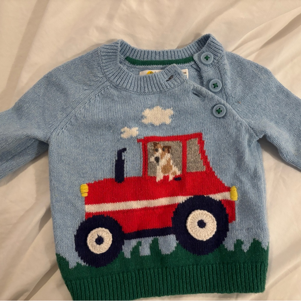 Blue Sweater with Red Truck Design baby boden